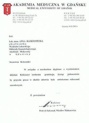 Powiększenie : Gratulacje od  Rektora Akademii Medycznej w Gdańsku prof. Wiesława Makarewicza za dyplom z wyróżnieniem