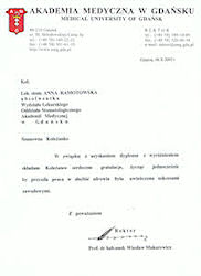 Gratulacje od  Rektora Akademii Medycznej w Gdańsku prof. Wiesława Makarewicza za dyplom z wyróżnieniem