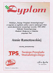 Dyplom od redakcji czasopisma Twój Przegląd Stomatologiczny